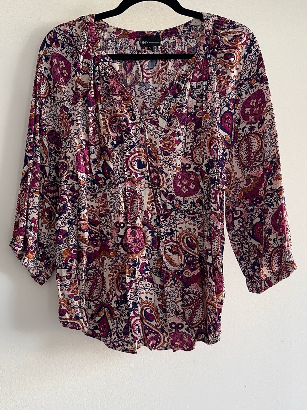 NY Collection Paisley V-Neck Blouse in Magenta and Navy